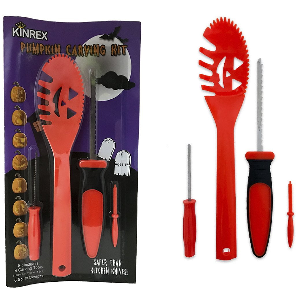 Halloween Pumpkin Carving Kit - 4 Carving Tools and 8 Paper Stencils Patterns for Kids and Adults