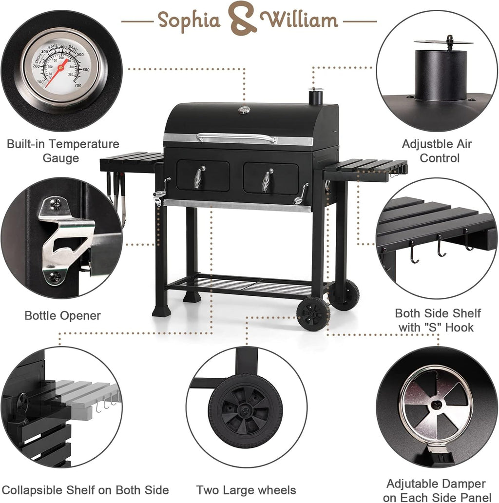 Sophia & William Charcoal BBQ Grill, 794 Sq. In. Cooking Area, 2 Lifting Charcoal Trays, Black
