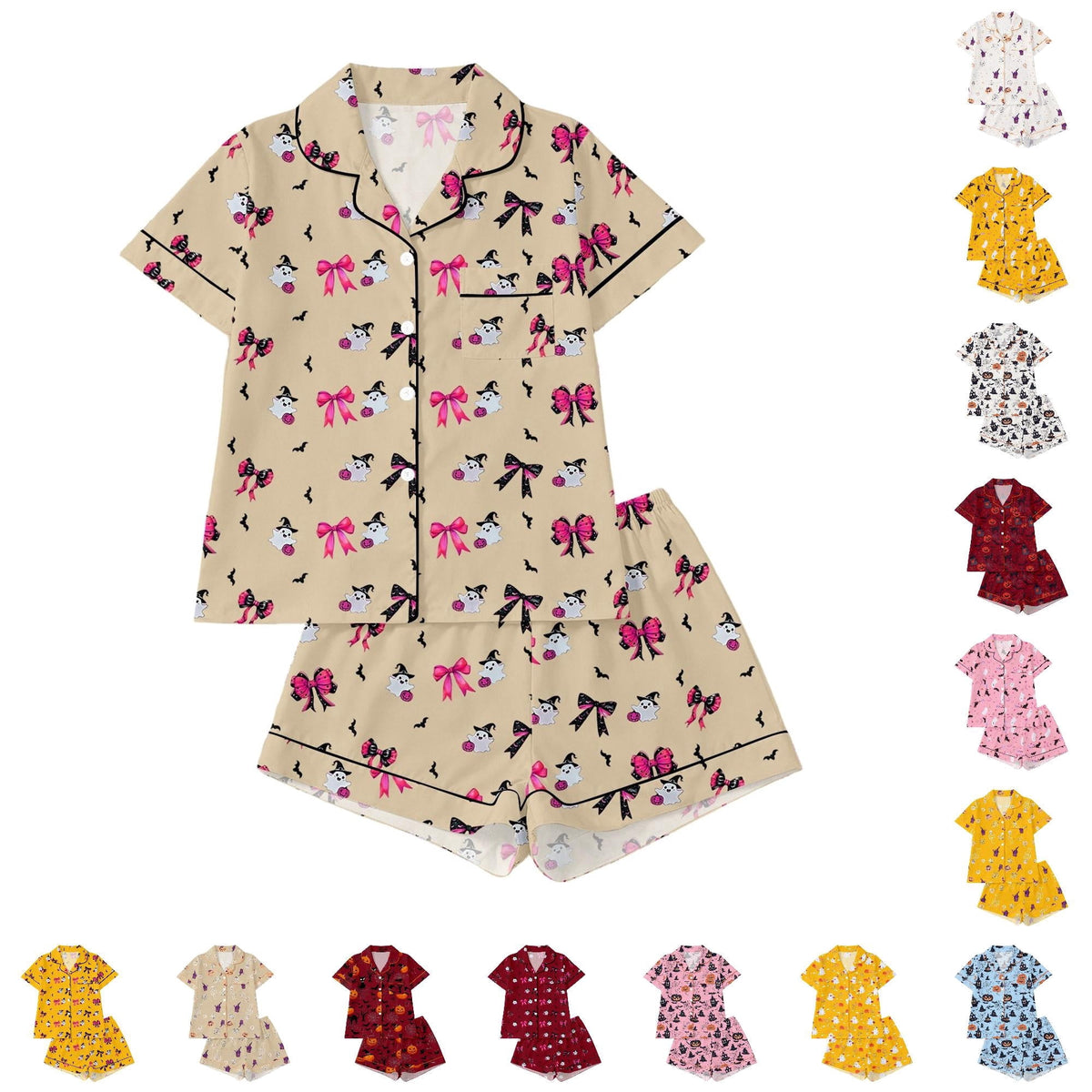 CUZIBR Girls Halloween Pajamas Sets Soft Comfortable Ghost Pumpkin Lapel Button Short Sleeve Shirt Elastic Waist Shorts 2 Pieces Sleep Loungewear Relaxed Sleepwear Outfits, Orange-C