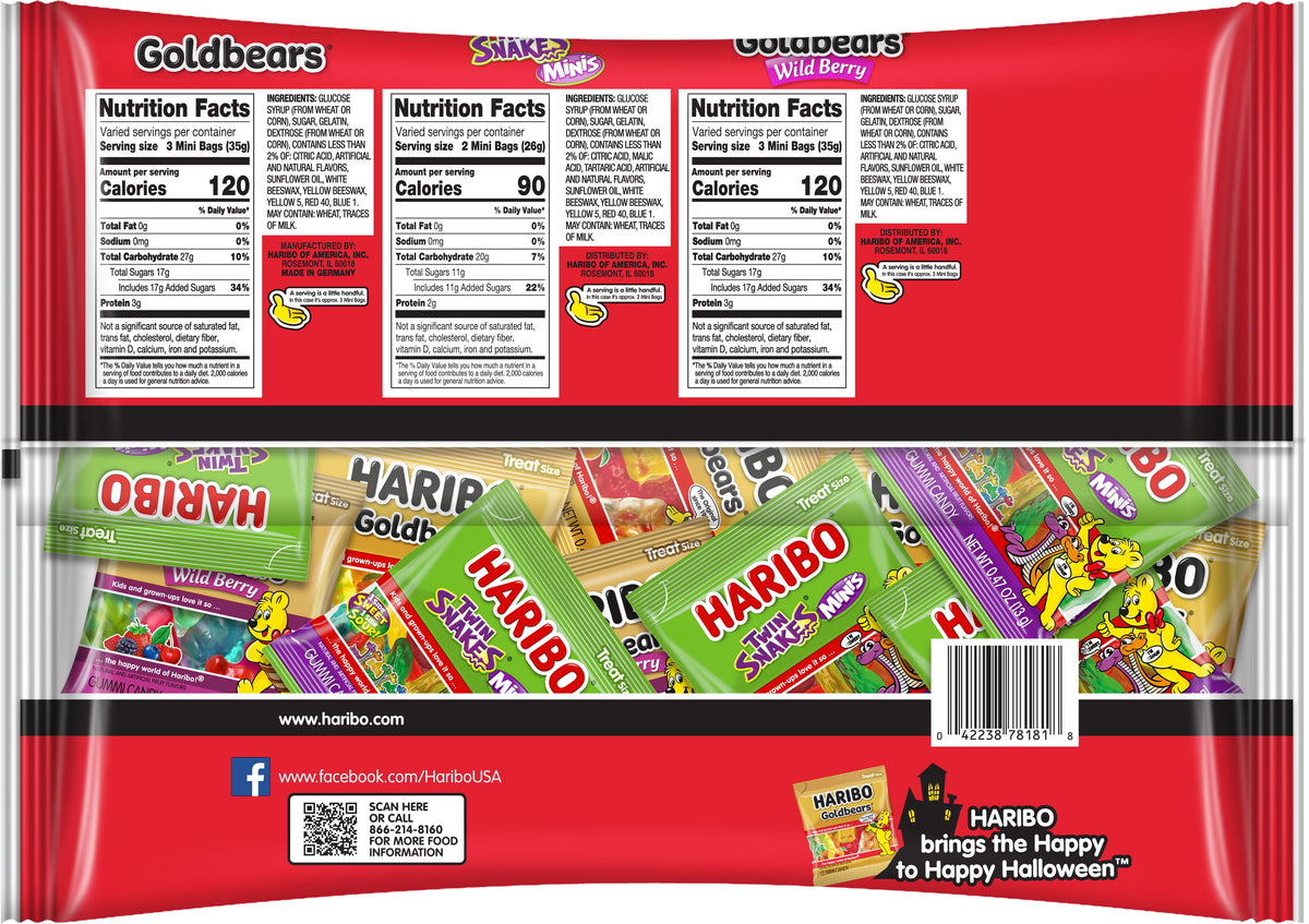 HARIBO Trick or Treat Trio Halloween Gummy Candy Mini Pouches, 45ct