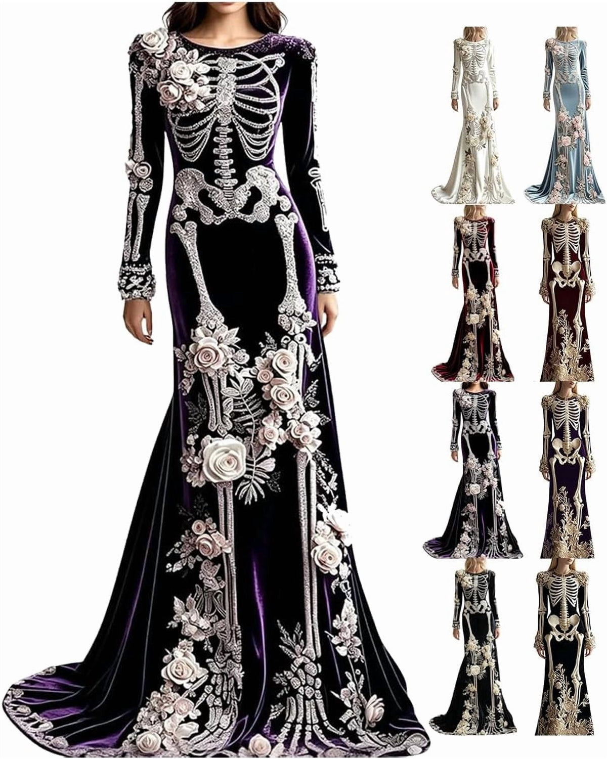 Women Skeleton Dress 3D Print Velvet Floral Long Sleeve Halloween Costumes, Skeleton Costume for Women Cosplay Party