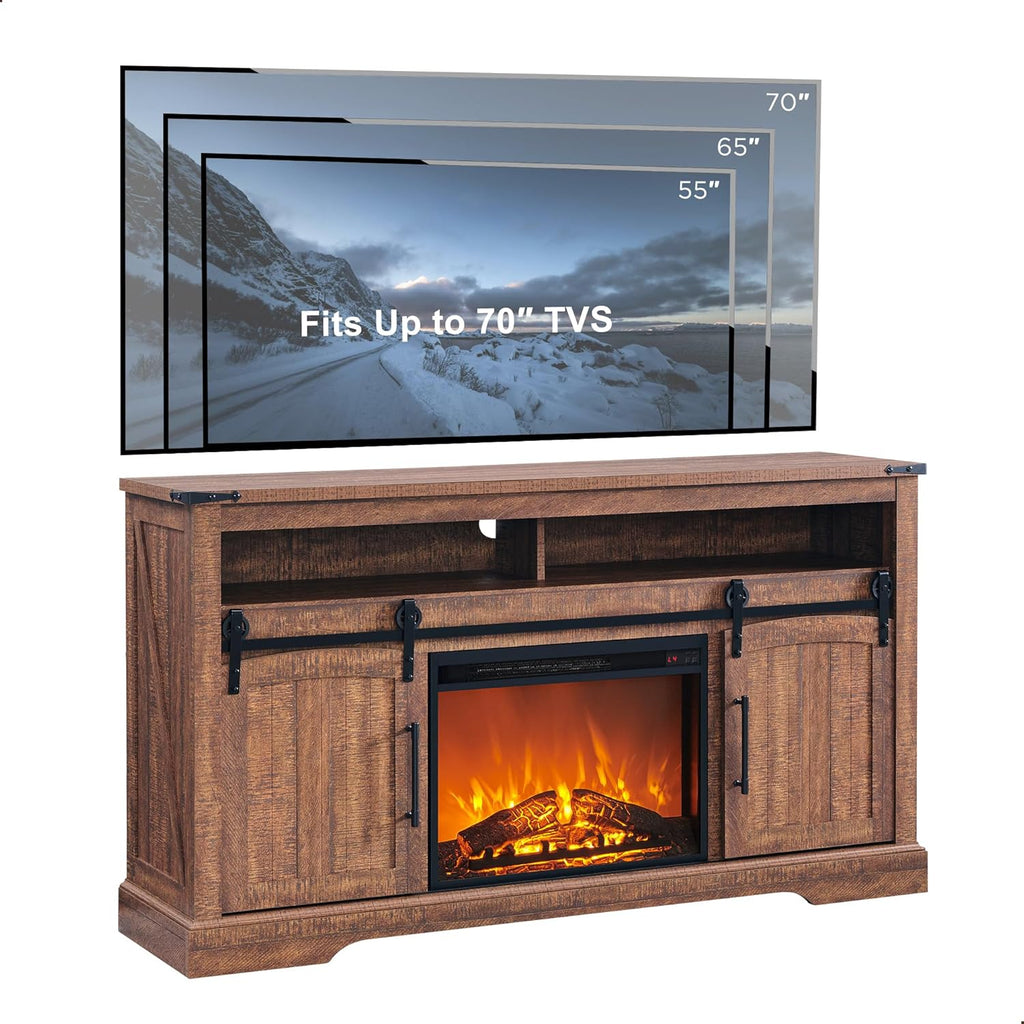 OKD Farmhouse Fireplace TV Stand For 70 Inch TV, 60 Inch Wide, 34 Inch Tall, Reclaimed Barnwood
