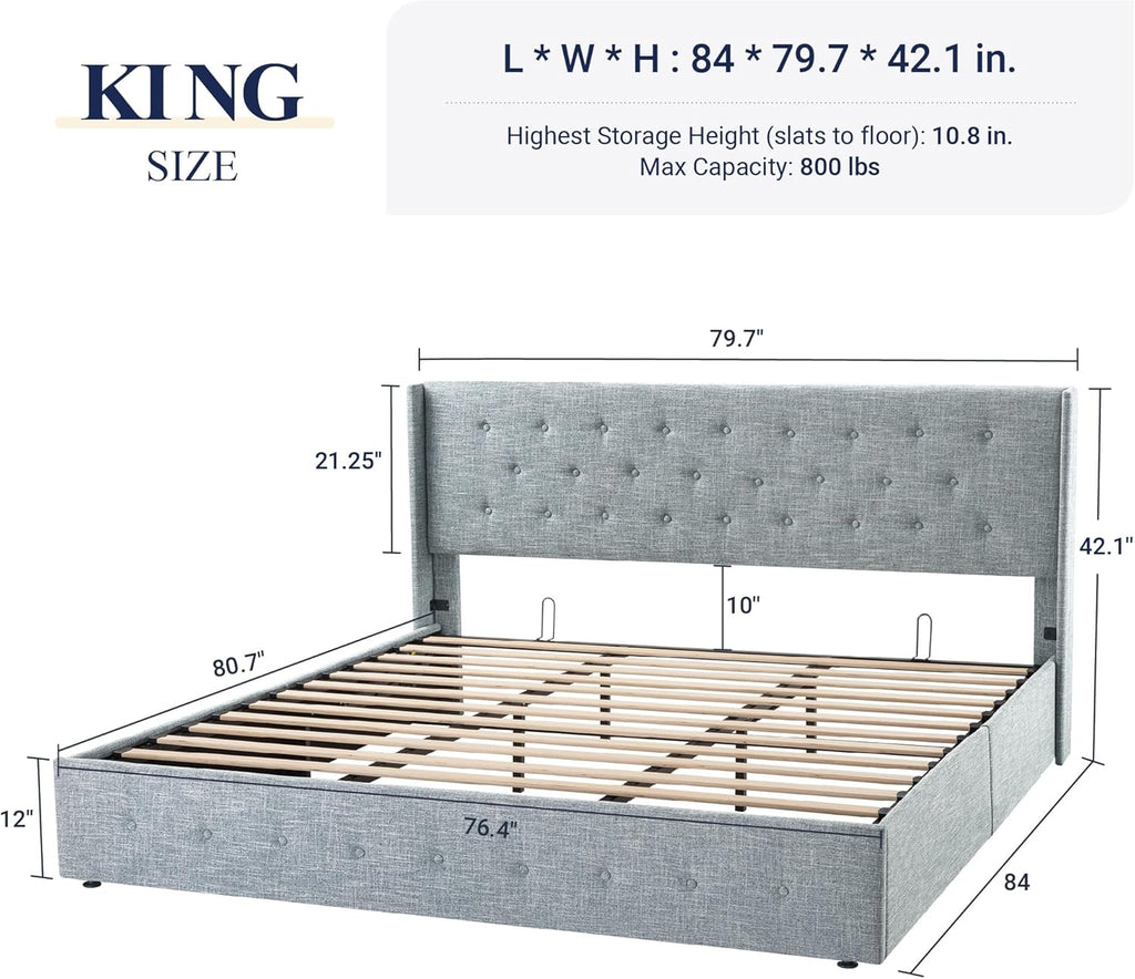 Allewie Queen Lift Up Storage Bed Frame With Wingback Headboard, Light Beige - 80.7 x 60.6 x 44.5 in