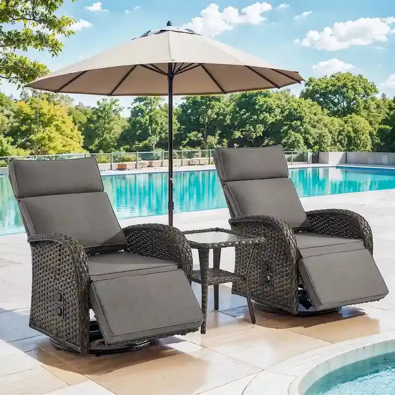 Pocassy 3-Piece Outdoor Recliner Set With Side Tables And Grey Cushions