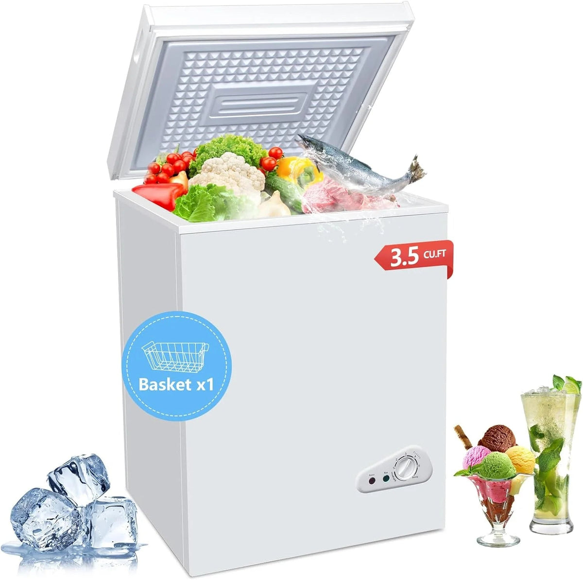 EUASOO 3.5 Cu.Ft Chest Freezer With Removable Basket, White - FLG-80Q