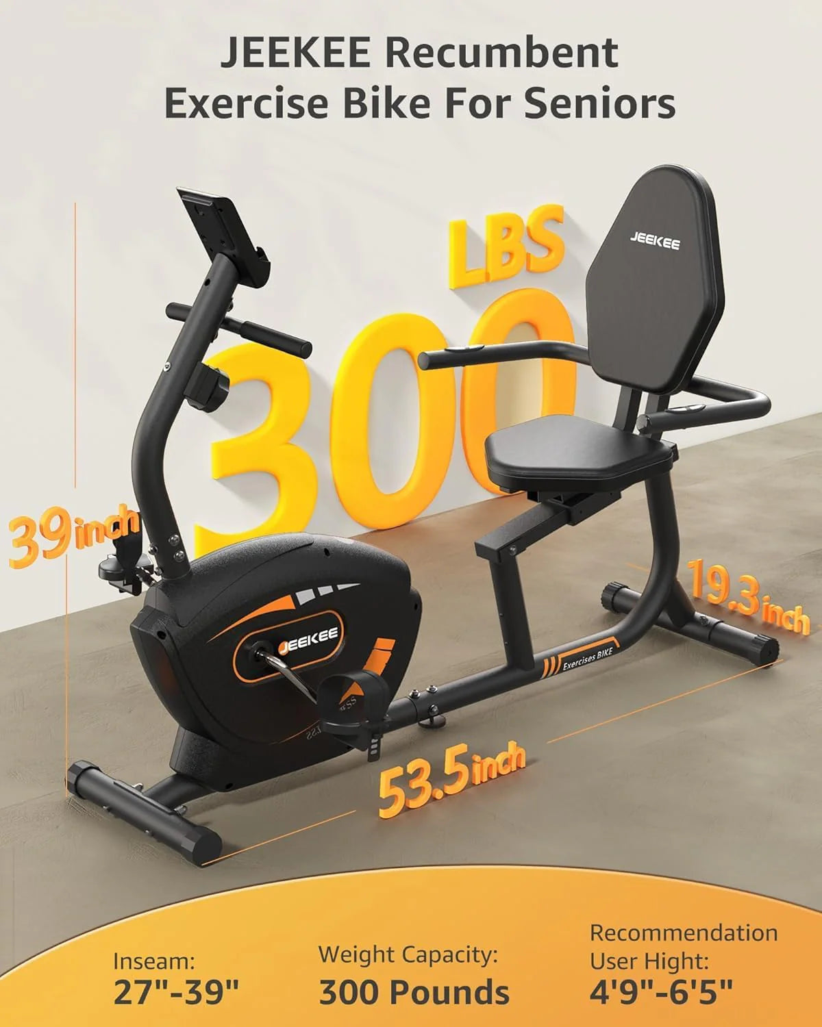 JEEKEE Recumbent Exercise Bike - 8-Level Magnetic Resistance, Black