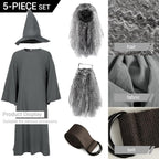 Deluxe 5 Pcs Wizard Costume for Adults Grey Wizard Robe with Wizards Hat, Belt, Wig & Beard Halloween Costumes For Men