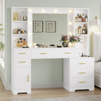 Hasuit Vanity Desk With Lighted Mirror, 48.8 in, White, 6 Drawers, 4 Shelves, 1 Storage Cabinet