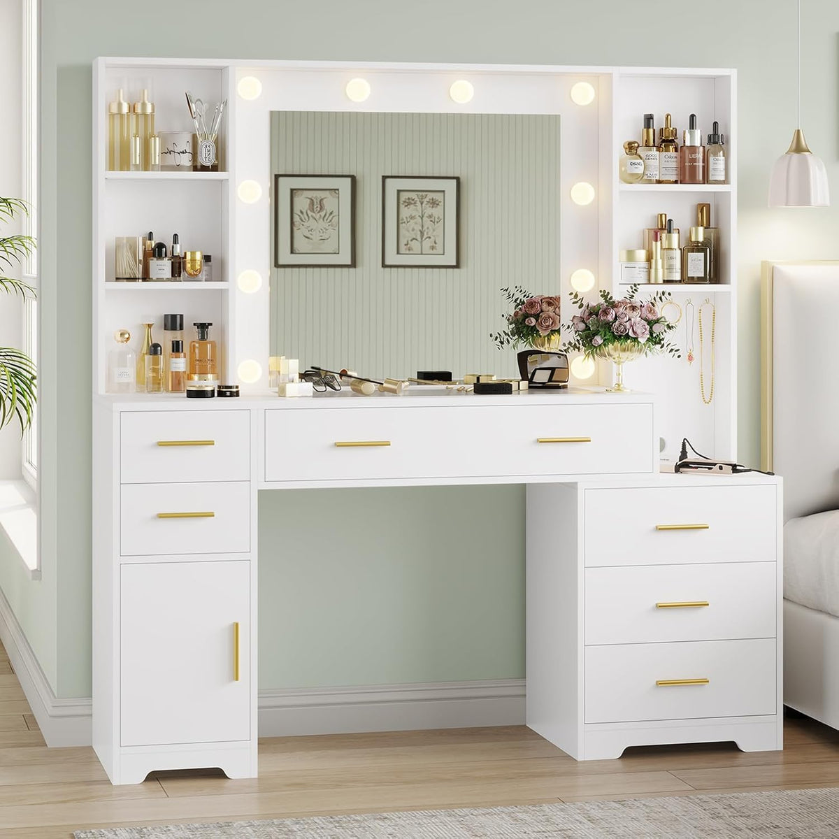 Hasuit Vanity Desk With Lighted Mirror, 48.8 in, White, 6 Drawers, 4 Shelves, 1 Storage Cabinet