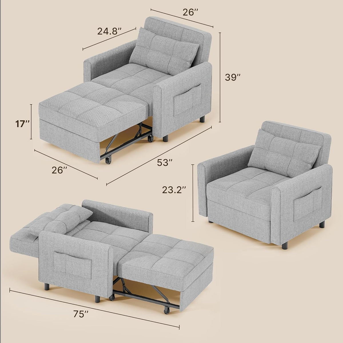 3-in-1 Convertible Pullout Sleeper Chair Bed - 75in x 26in x 17in