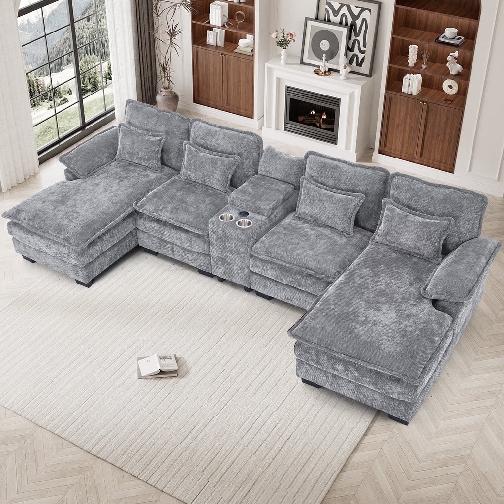 Wiilayok U-Shaped Modular Sectional Sofa, 124 inch Extra Deep Chenille, Storm Gray