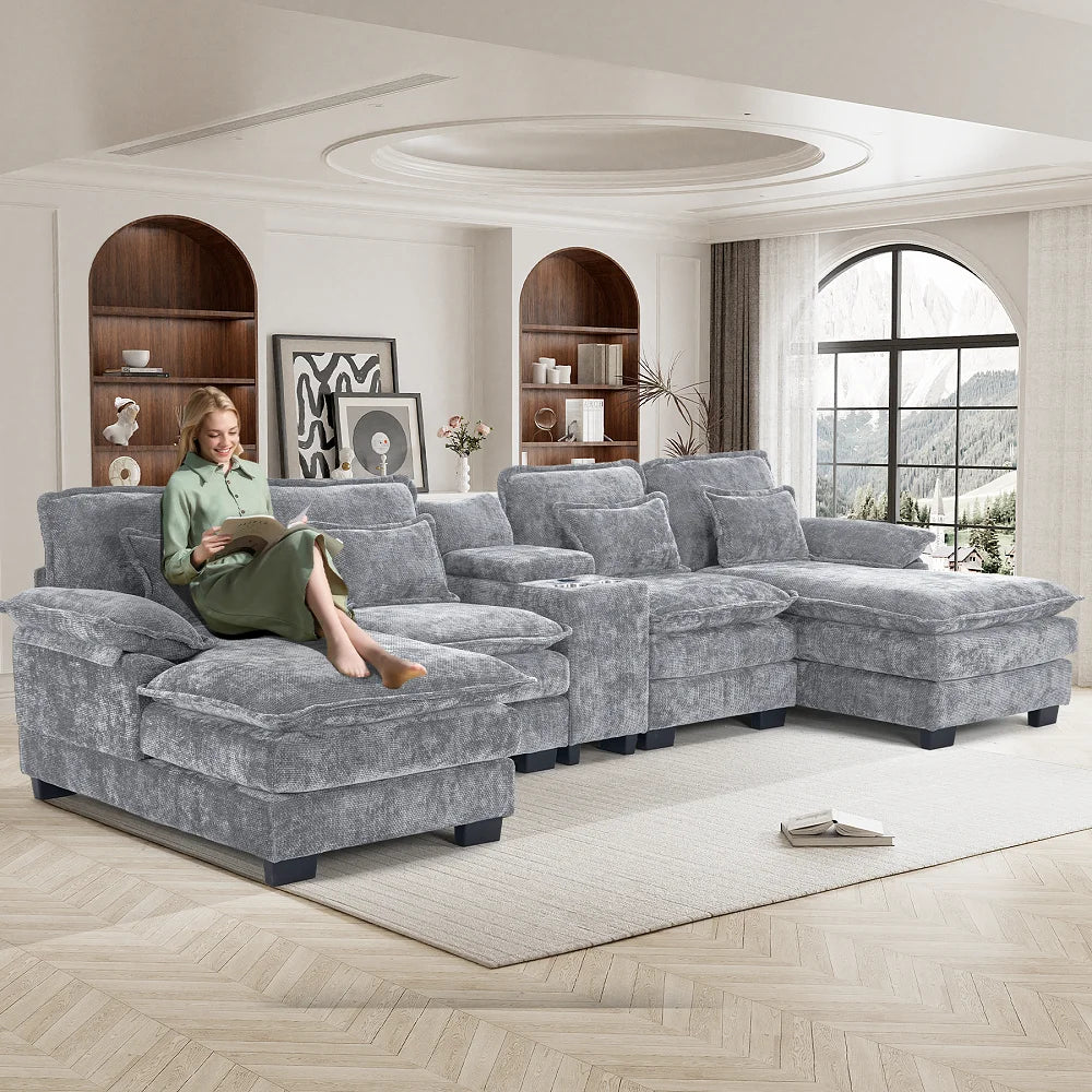 Wiilayok U-Shaped Modular Sectional Sofa, 124 inch Extra Deep Chenille, Storm Gray