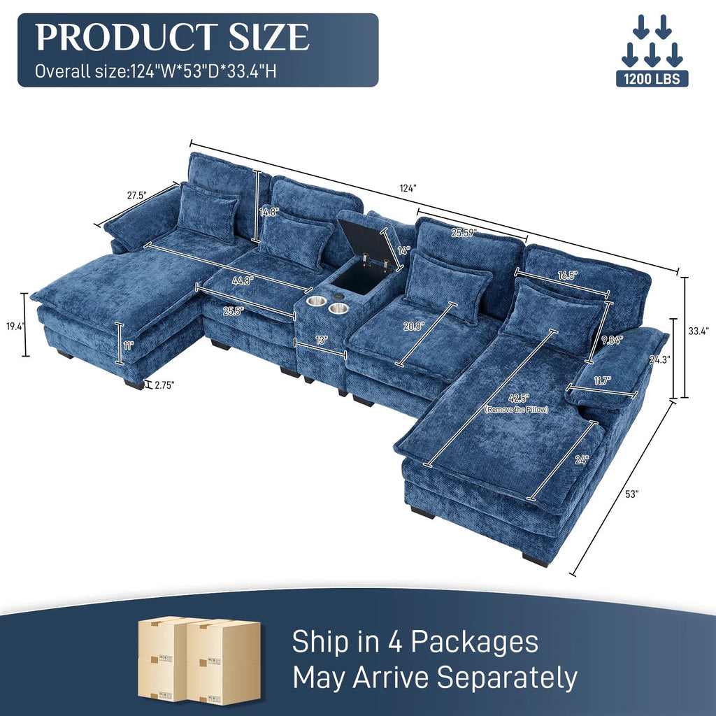 Wiilayok U-Shaped Modular Sectional Sofa, 124 inch Extra Deep Chenille, Storm Gray