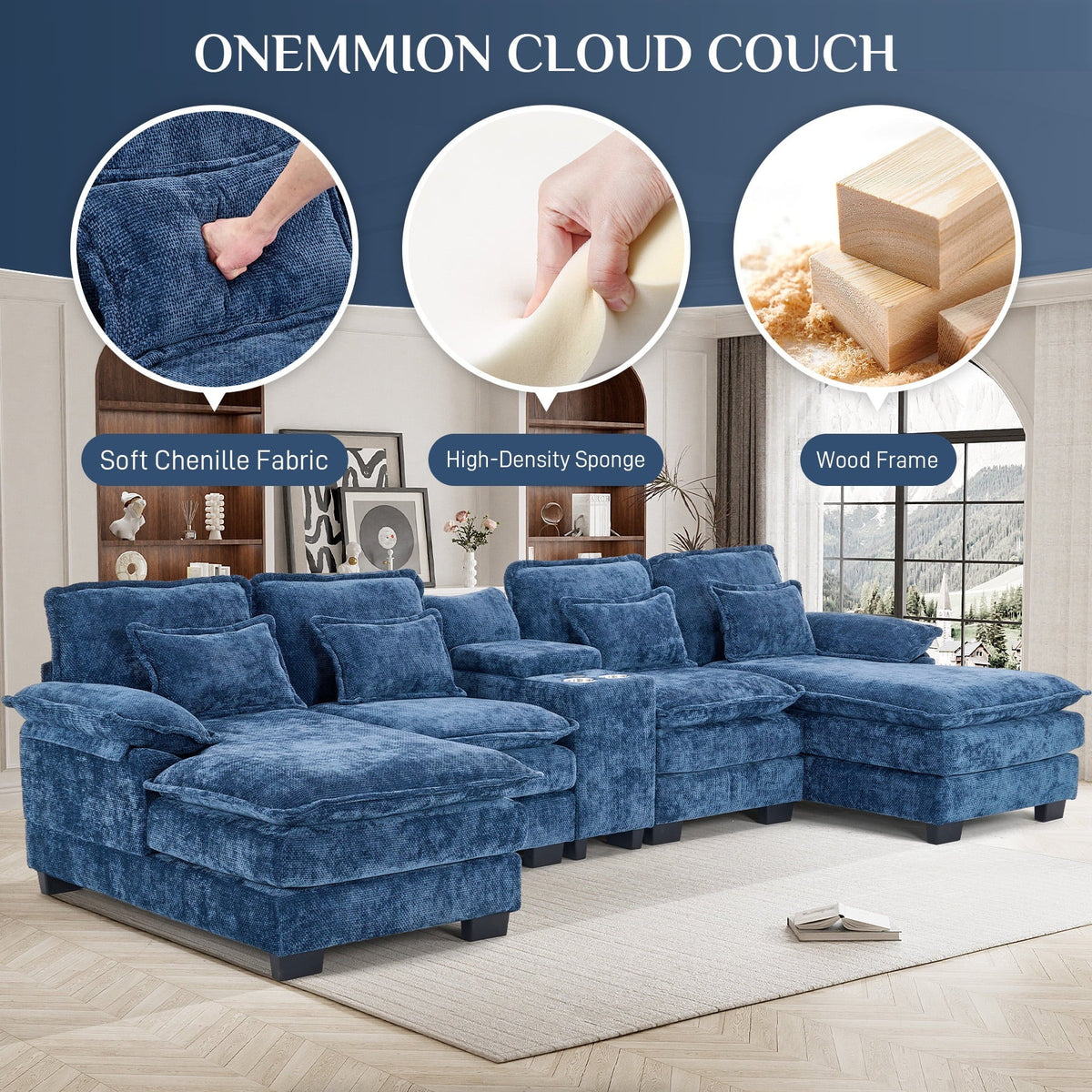 Wiilayok U-Shaped Modular Sectional Sofa, 124 inch Extra Deep Chenille, Storm Gray