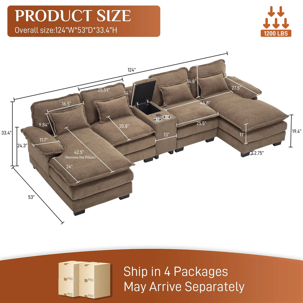 Wiilayok U-Shaped Modular Sectional Sofa, 124 inch Extra Deep Chenille, Storm Gray