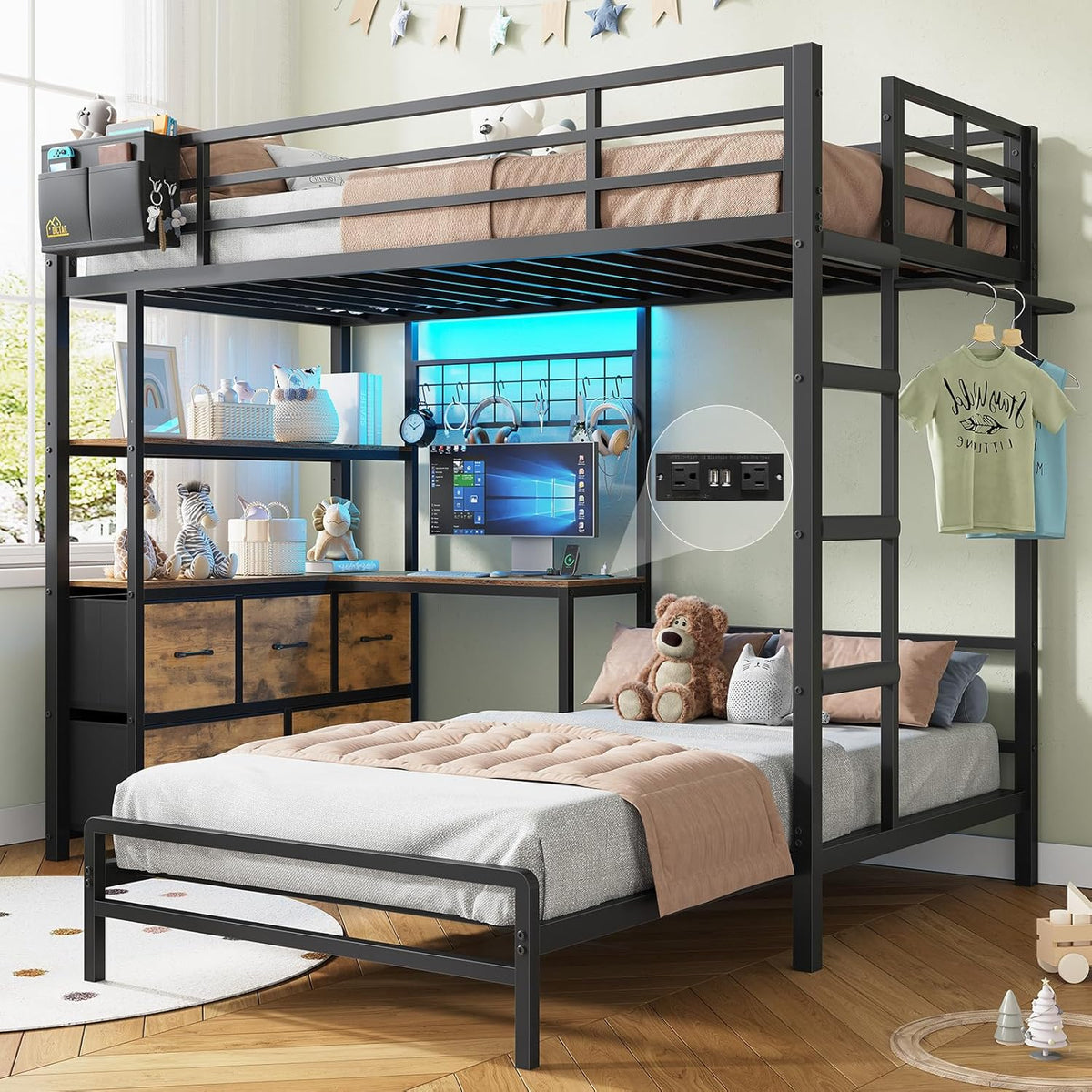 DICTAC Twin XL Over Twin Metal Bunk Bed With L-Shaped Desk, 5 Drawers, 2 Shelves, LED Lights And Charging Station - Black