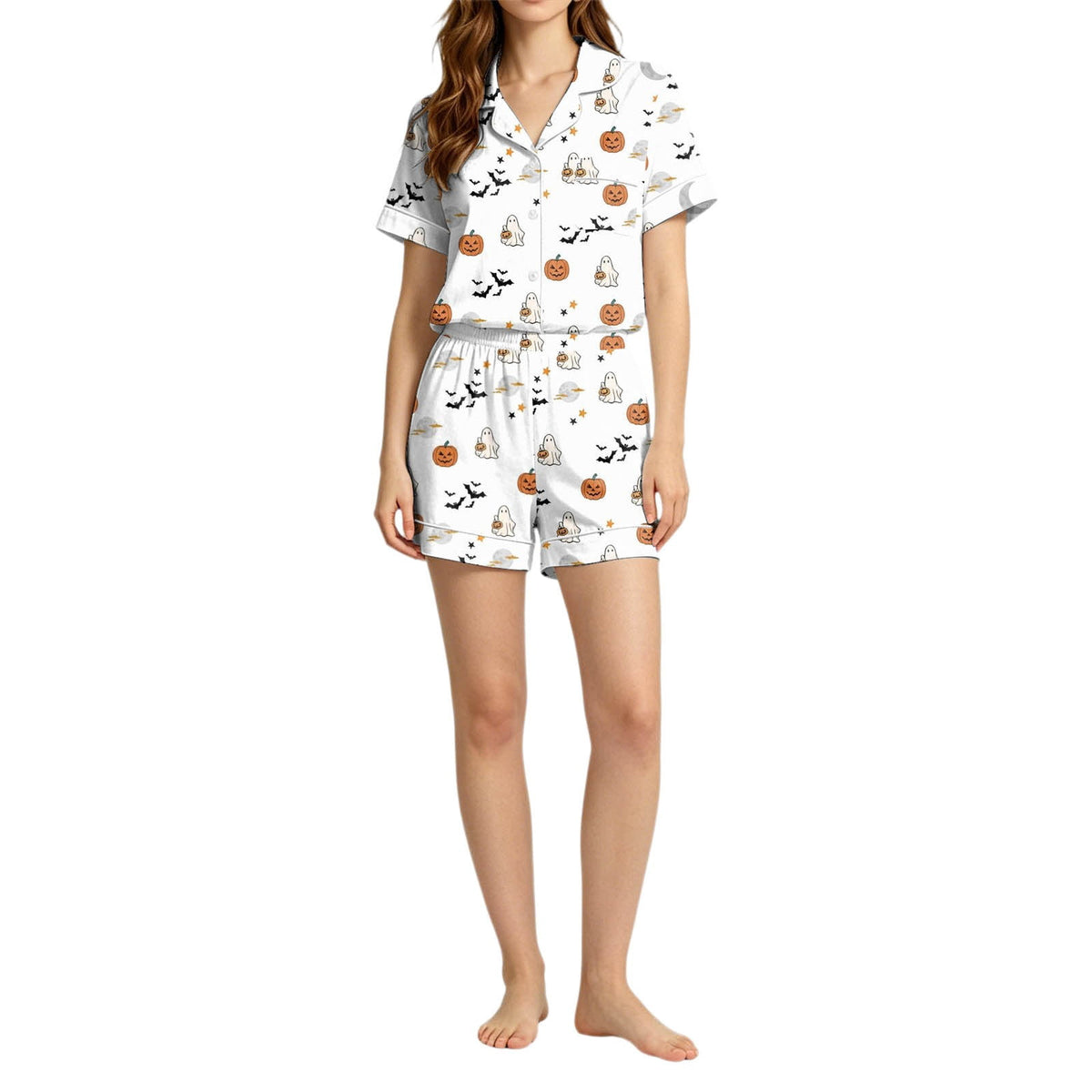 MEZZALL Women Halloween Printed Pajama With Lapel Collar Short Sleeve Tops And Shorts For Home Wear Cozy For Lightweight And Breathable Comfort Relaxed Fit 2 Piece Pjs