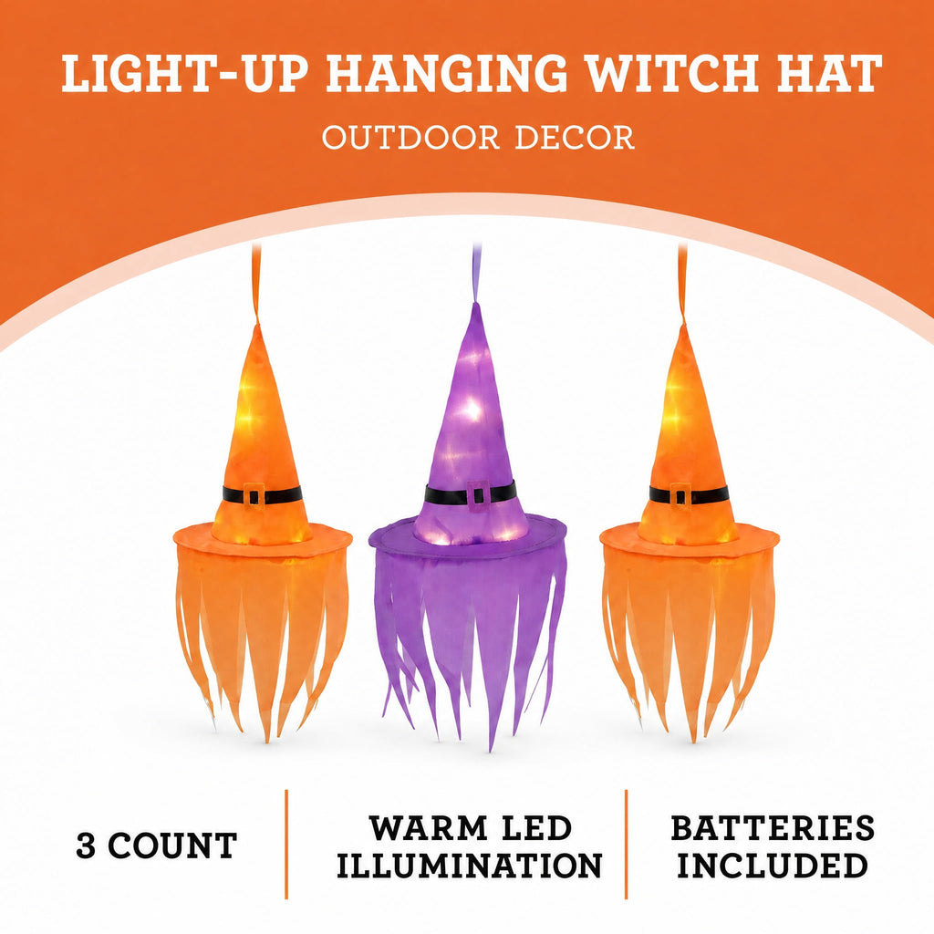 Light-Up Hanging Witch Hat Decorations, Orange and Purple, 6", 3 Count, Halloween by Way To Celebrate