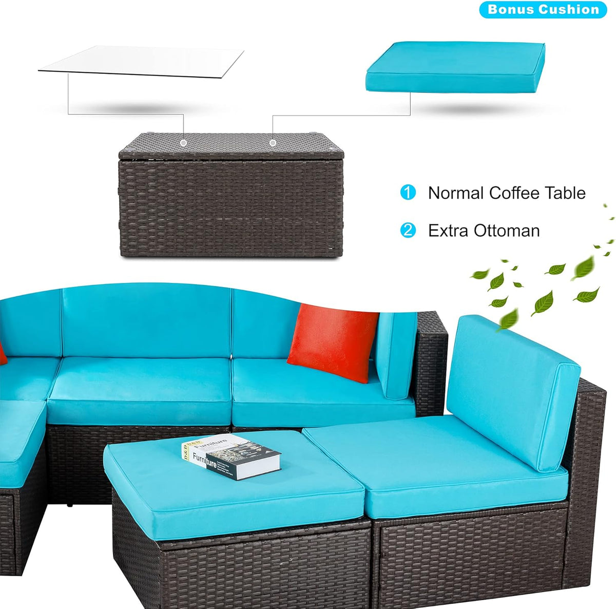5-Piece All-Weather Wicker Patio Conversation Set With Ottoman And Cushions