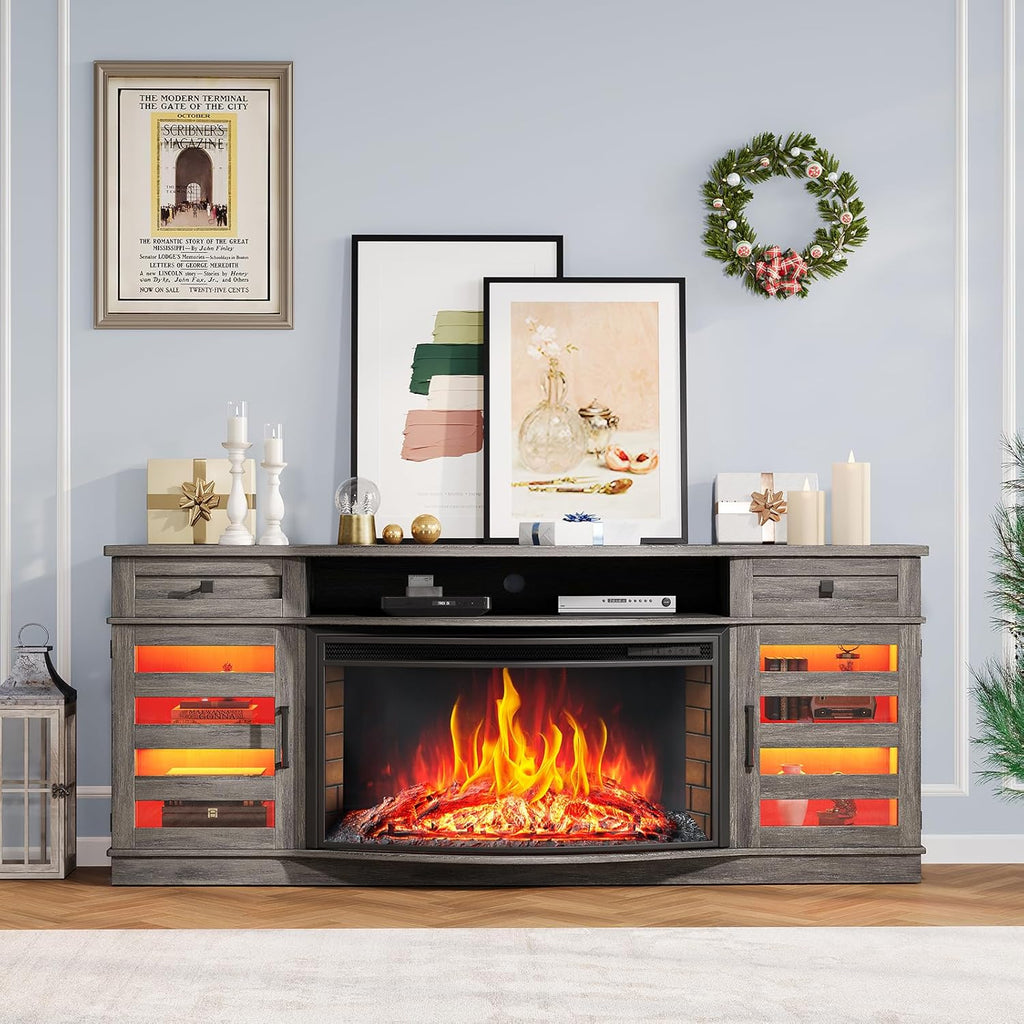 AMERLIFE 70in Farmhouse Fireplace TV Stand With 36in Curved Electric Fireplace, 2 Drawers, Wash Gray