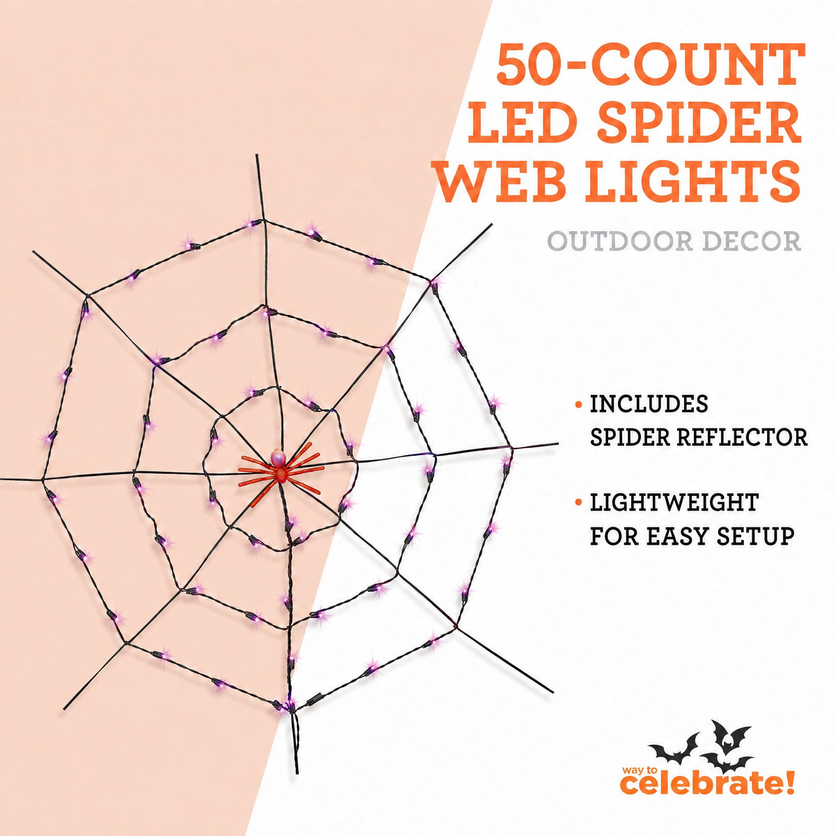 Indoor/Outdoor 50-Count LED Spider Web Lights, 5', Halloween by Way To Celebrate