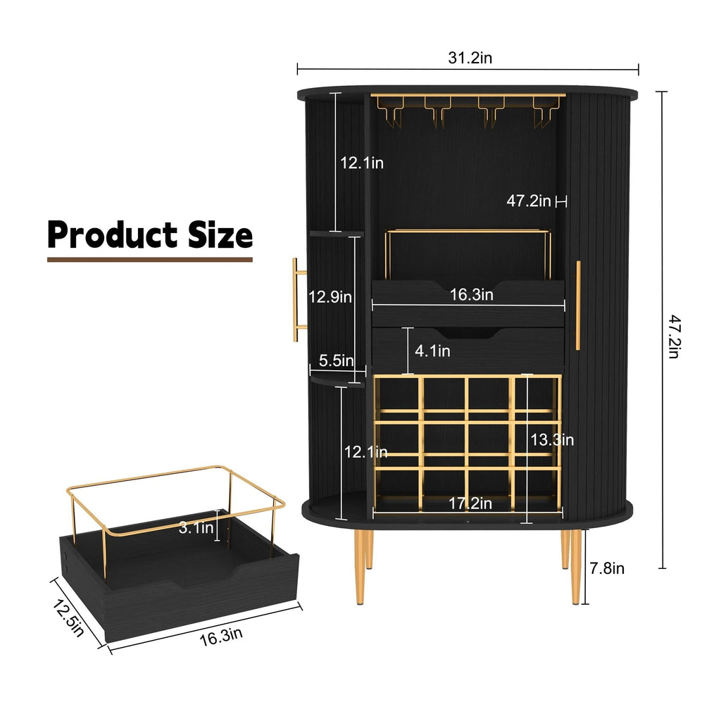 HLR Coffee Bar Cabinet With Tambour Door, 12-Bottle Wine Rack, 12-Glass Holder, Brown