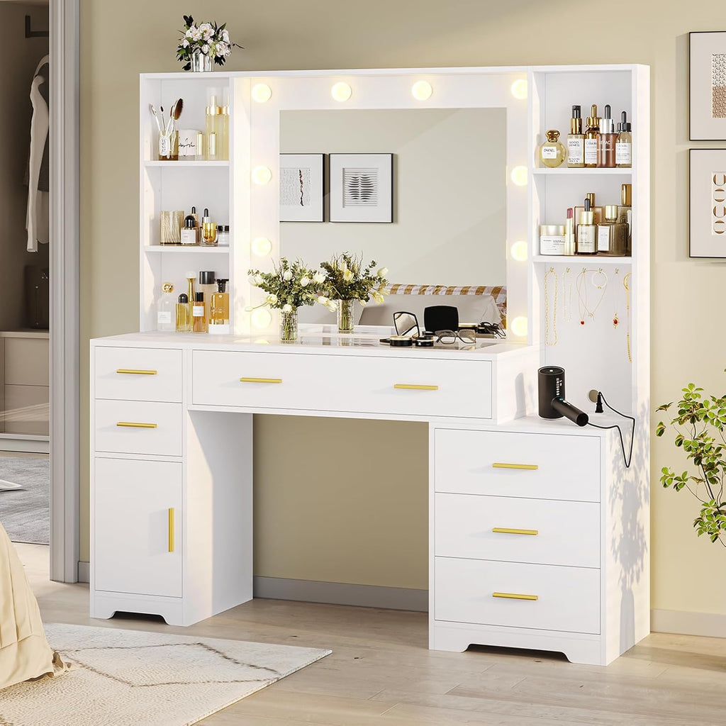 Hasuit Vanity Desk With Lighted Mirror, 48.8 in, White, 6 Drawers, 4 Shelves, 1 Storage Cabinet