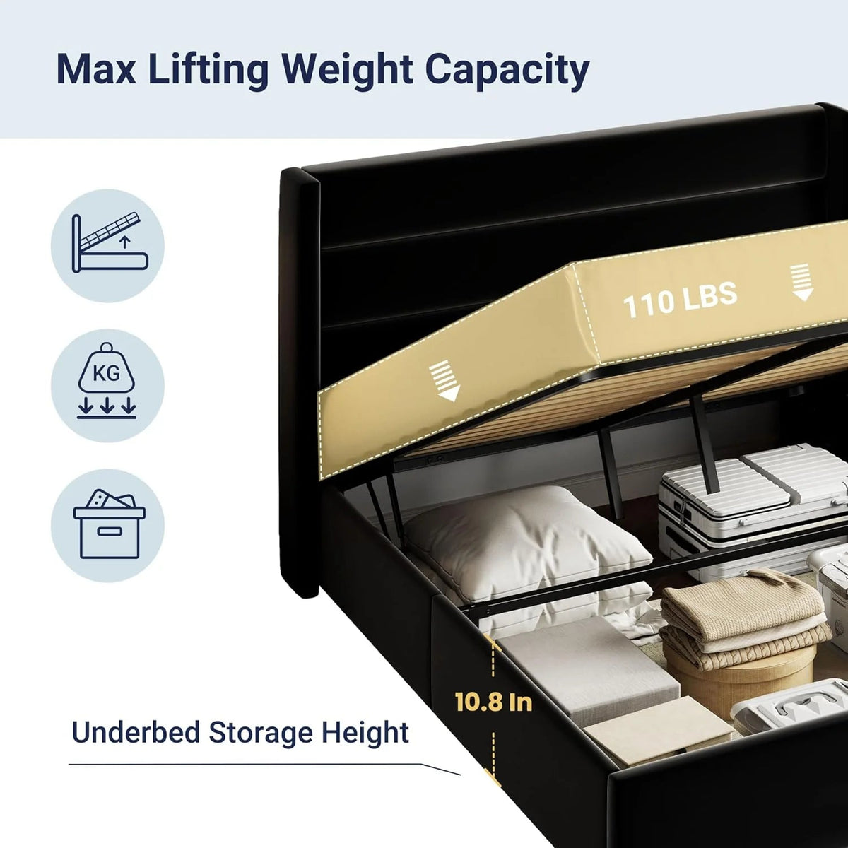 Allewie Queen Lift Up Storage Bed Frame With Wingback Headboard, Light Beige - 80.7 x 60.6 x 44.5 in