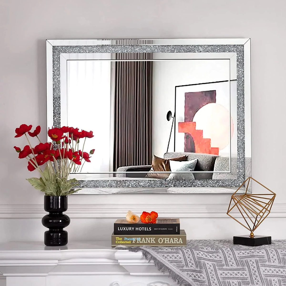 SHYFOY Rectangle Decorative Wall Mirror With Crushed Diamond, Silver