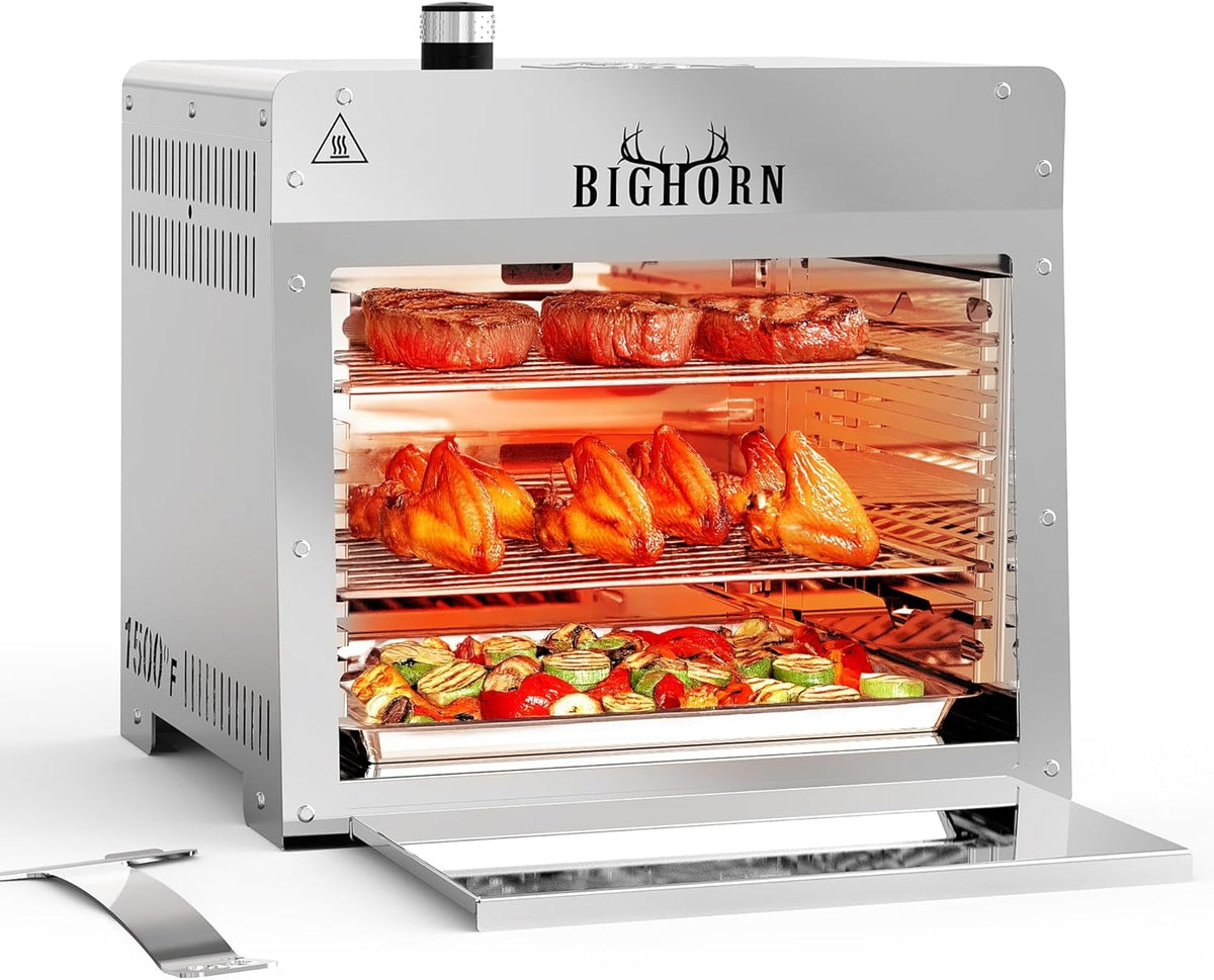 BIG HORN OUTDOORS Portable Infrared Propane Gas Grill, 19 000 BTU, 13-inch Chamber, 10-Tier Rack - 16-inch / 9-inch