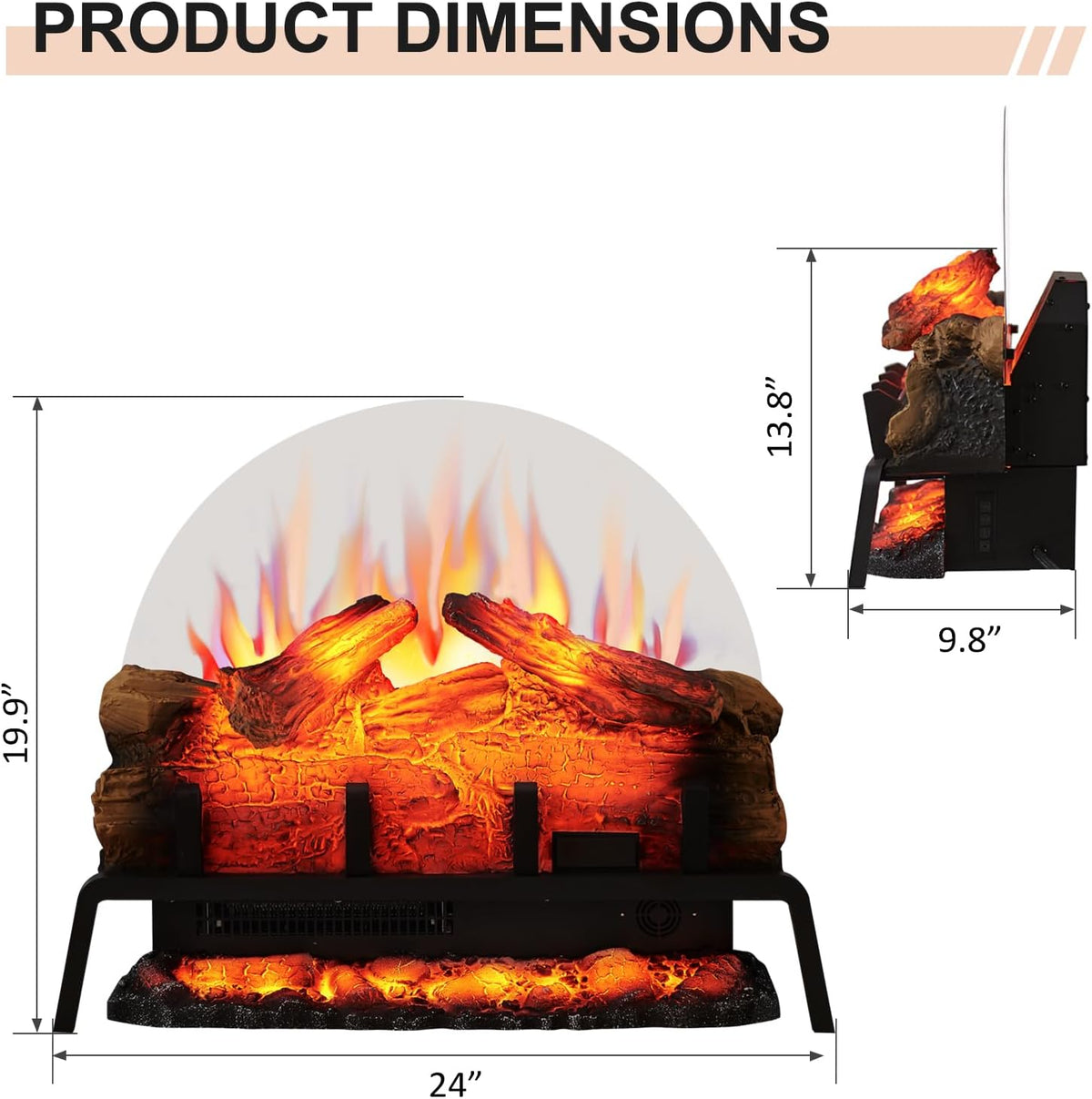PuraFlame Free Standing Electric Fireplace Log Set Insert, 24 inch, 750W/1500W Heater
