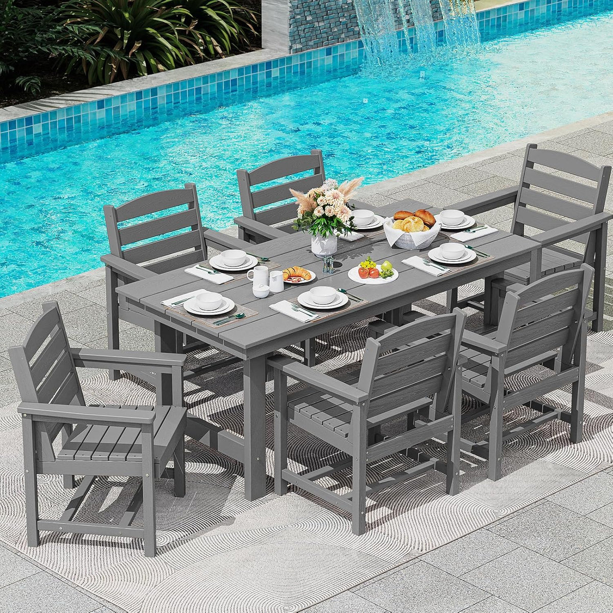 SERWALL 7-Piece HDPE Outdoor Dining Set With Umbrella Hole - Gray