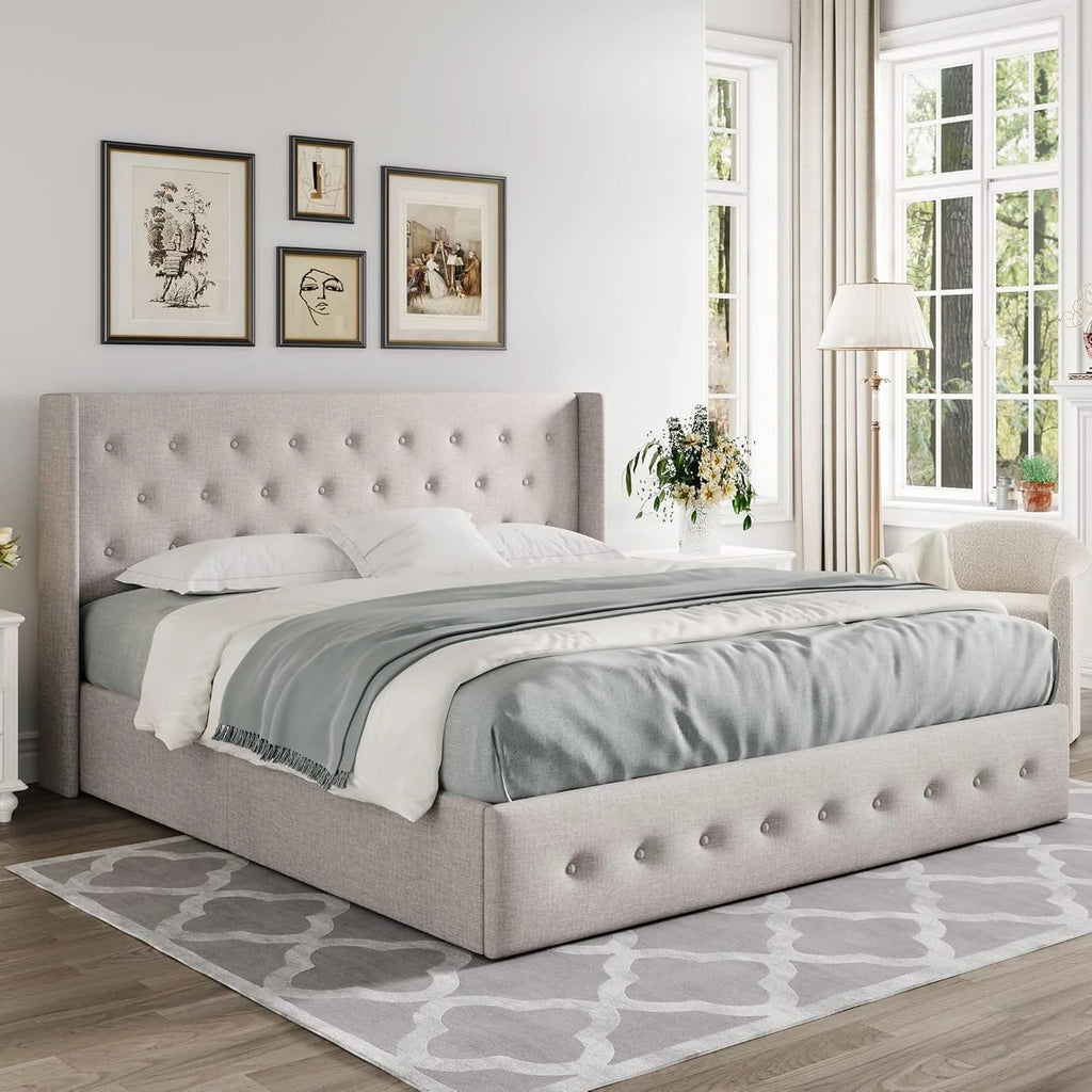 Allewie Queen Lift Up Storage Bed Frame With Wingback Headboard, Light Beige - 80.7 x 60.6 x 44.5 in