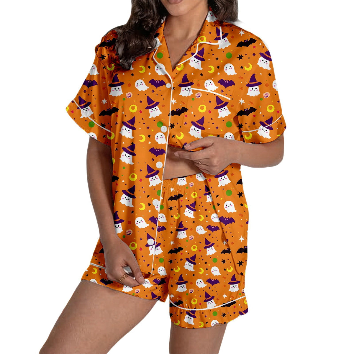 MEZZALL Women Halloween Printed Pajama With Lapel Collar Short Sleeve Tops And Shorts For Home Wear Cozy For Lightweight And Breathable Comfort Relaxed Fit 2 Piece Pjs