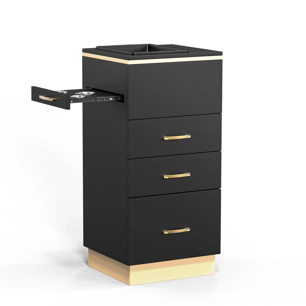 OmySalon Salon Storage Station With 3 Drawers, Storage Basin And 3 Hair Dryer Holders, White Gold - 17.7in D x 17.7in W x 38.1in H