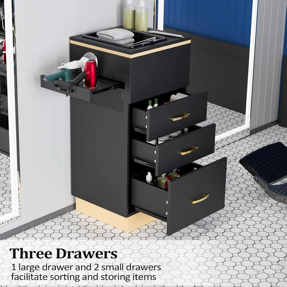 OmySalon Salon Storage Station With 3 Drawers, Storage Basin And 3 Hair Dryer Holders, White Gold - 17.7in D x 17.7in W x 38.1in H
