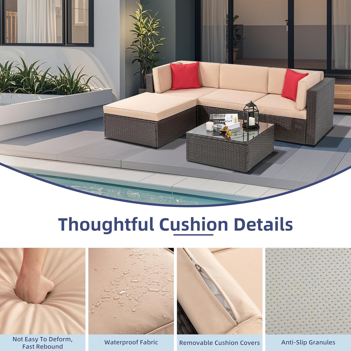 5-Piece All-Weather Wicker Patio Conversation Set With Ottoman And Cushions