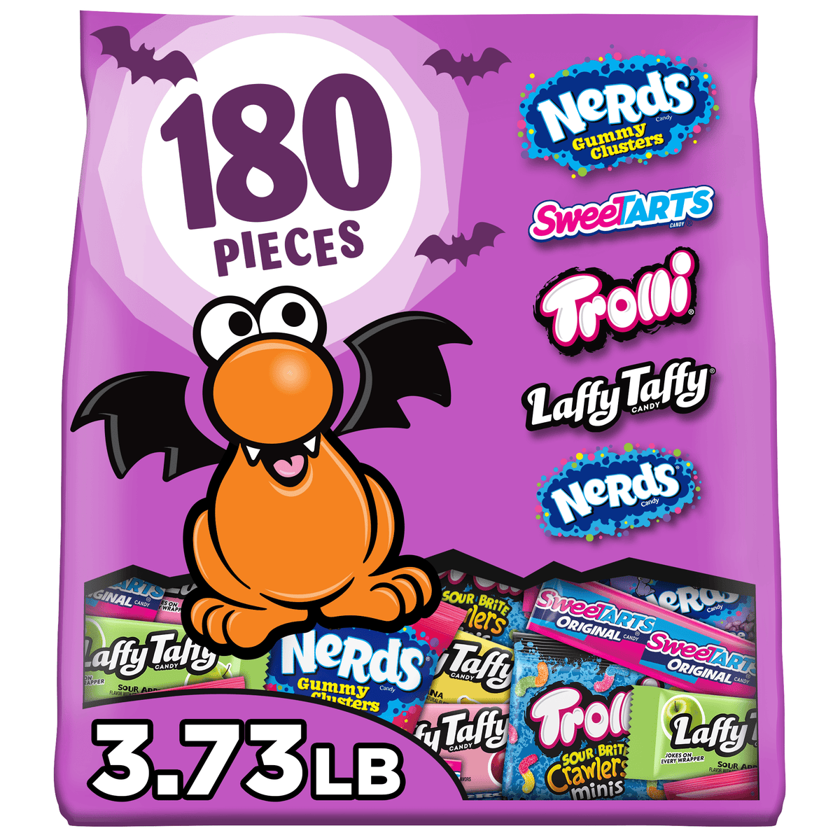 Nerds Core Winners Halloween Trick-or-Treat Variety Bag, NERDS Gummy Clusters, SweeTARTS, Trolli, Laffy Taffy, and NERDS Original, 180 Pieces, 59.76 Ounces