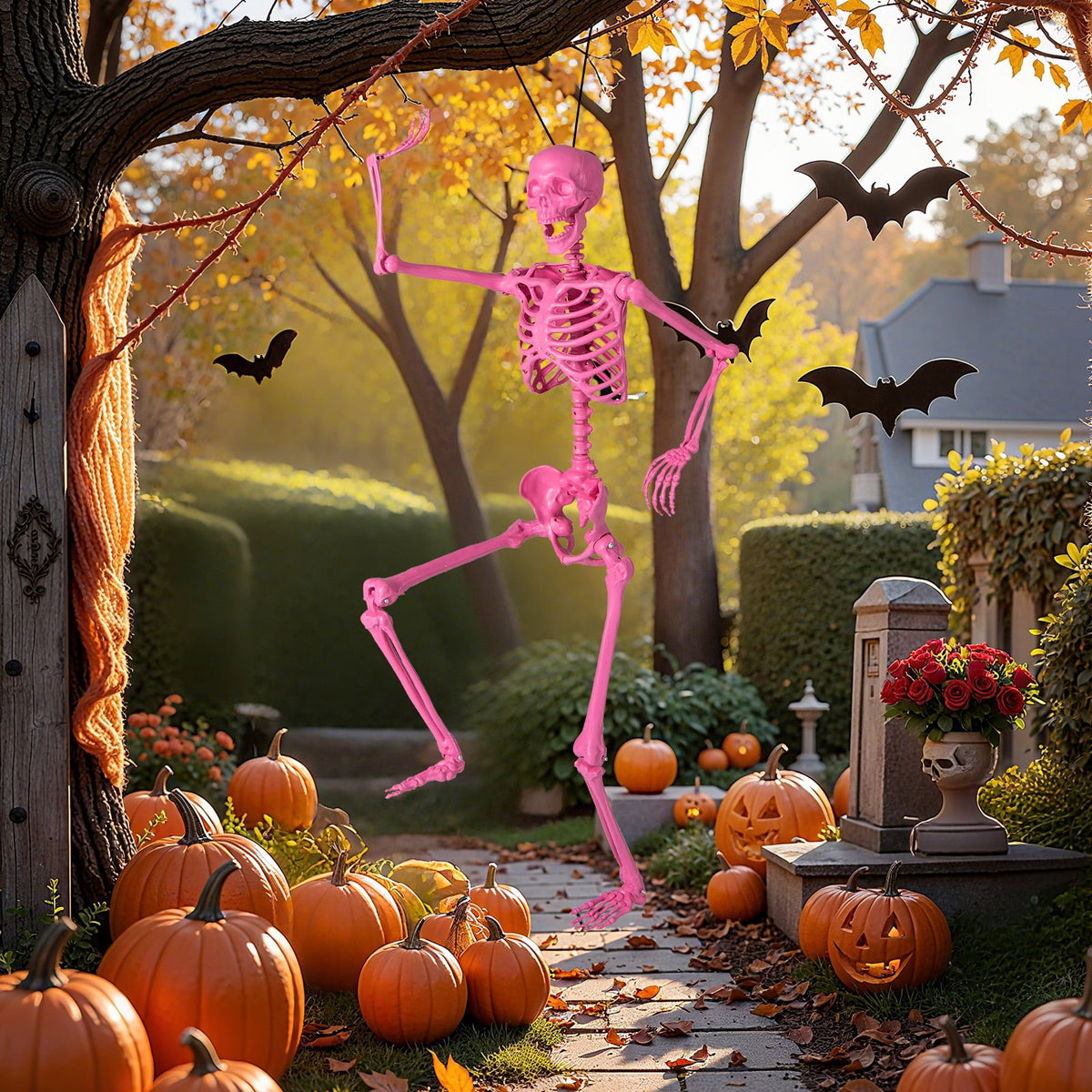 Costway 5.5 FT Poseable Halloween Skeleton Life-Size Decoration with Movable Joints Pink