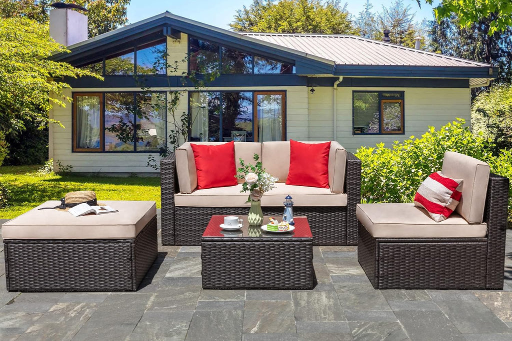 5-Piece All-Weather Wicker Patio Conversation Set With Ottoman And Cushions