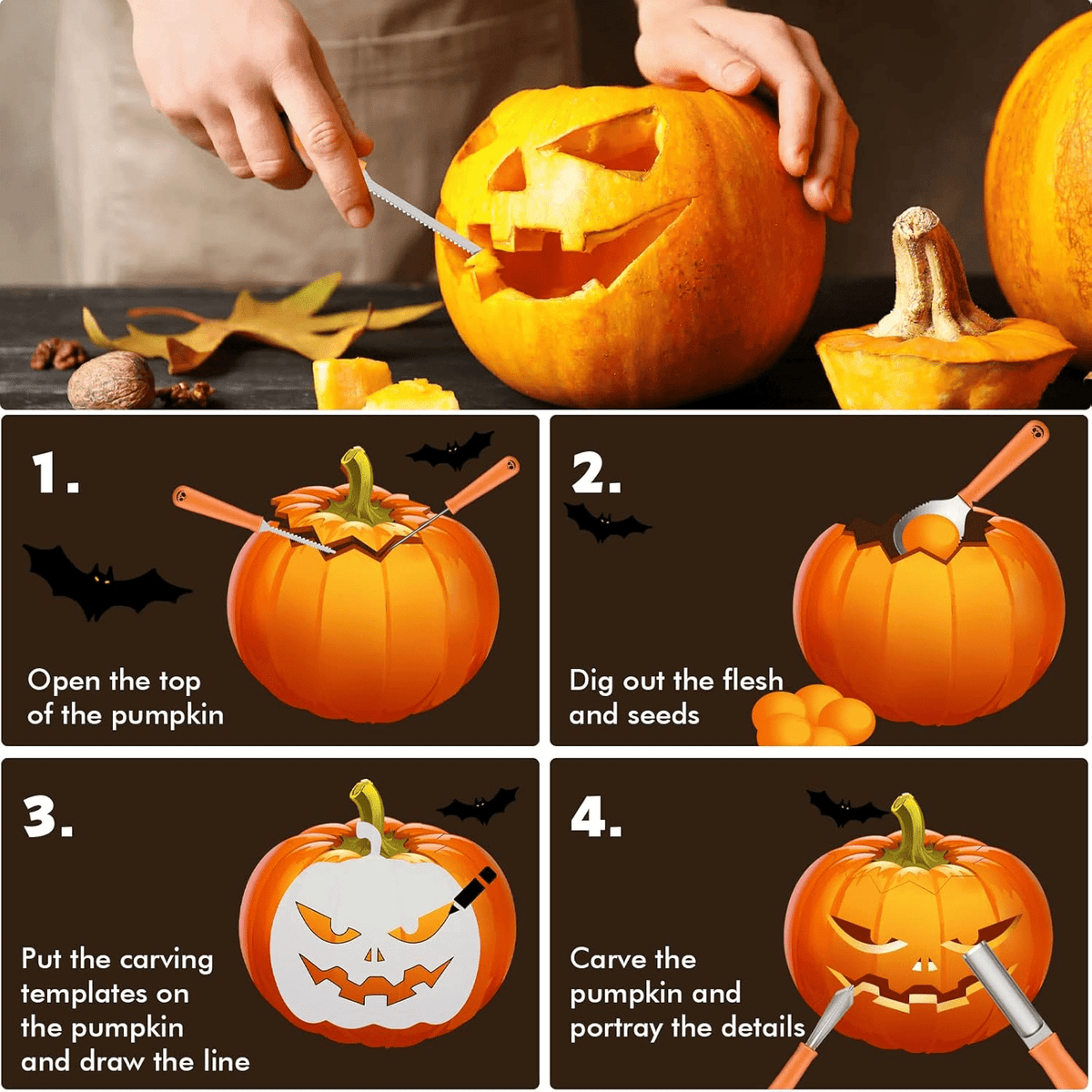 Ninonly Pumpkin Carving Kit,Professional 17Pcs Stainless Steel Pumpkin Knives Tool with Carrying Bag,for Pumpkin Jack-O-Lanterns