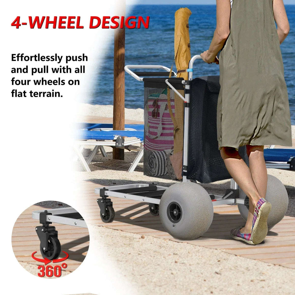 GDLF Foldable Beach Cart With Adjustable Handle, 12-Inch Balloon Wheels, 220 lbs Capacity