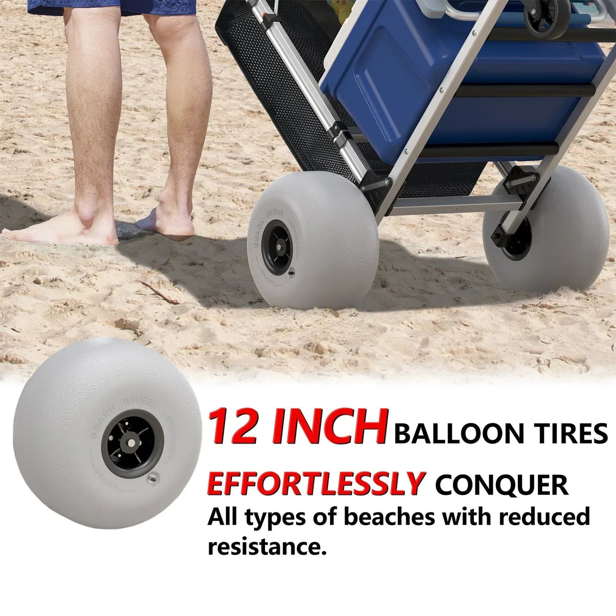 GDLF Foldable Beach Cart With Adjustable Handle, 12-Inch Balloon Wheels, 220 lbs Capacity