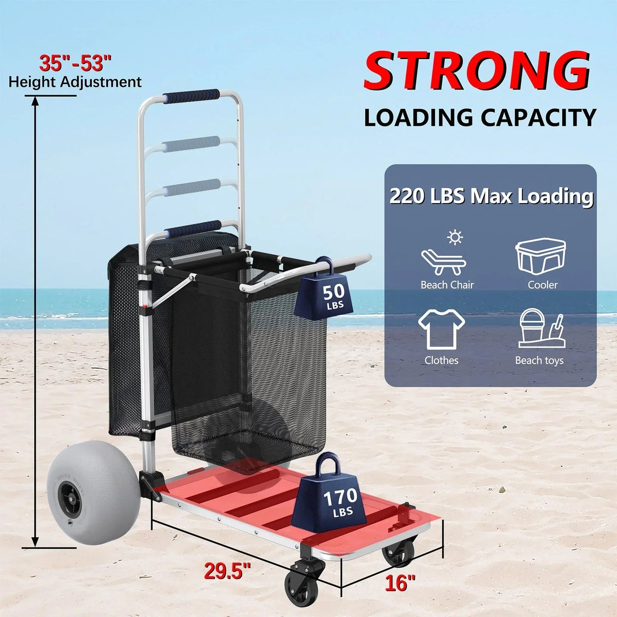 GDLF Foldable Beach Cart With Adjustable Handle, 12-Inch Balloon Wheels, 220 lbs Capacity