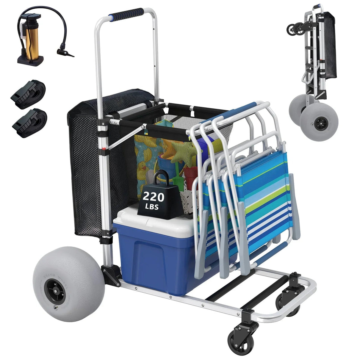 GDLF Foldable Beach Cart With Adjustable Handle, 12-Inch Balloon Wheels, 220 lbs Capacity
