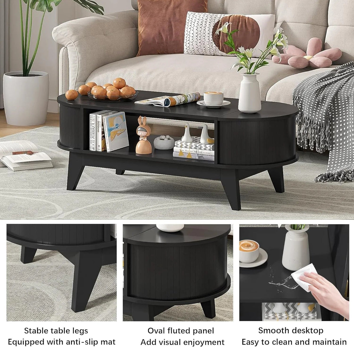 Fluted Oval Coffee Table With Storage, 46.45 x 19.68 x 15.94 in