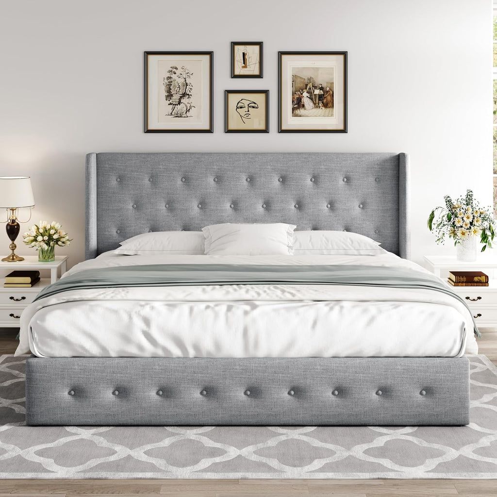 Allewie Queen Lift Up Storage Bed Frame With Wingback Headboard, Light Beige - 80.7 x 60.6 x 44.5 in