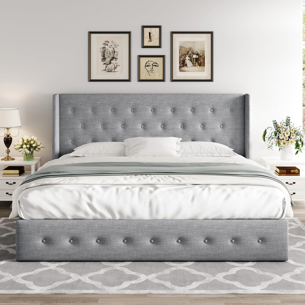 Allewie Queen Lift Up Storage Bed Frame With Wingback Headboard, Light Beige - 80.7 x 60.6 x 44.5 in