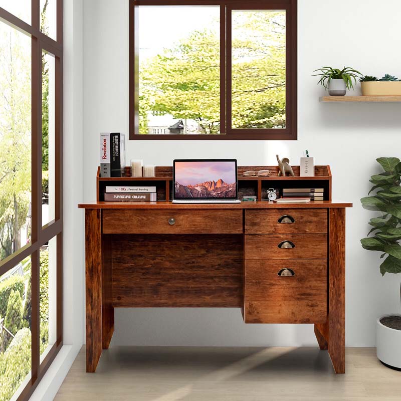 Computer Desk With 4 Storage Drawers And Hutch, 48in x 22in x 36.5in - Rustic Brown