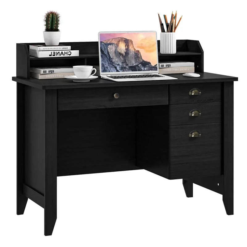 Computer Desk With 4 Storage Drawers And Hutch, 48in x 22in x 36.5in - Rustic Brown